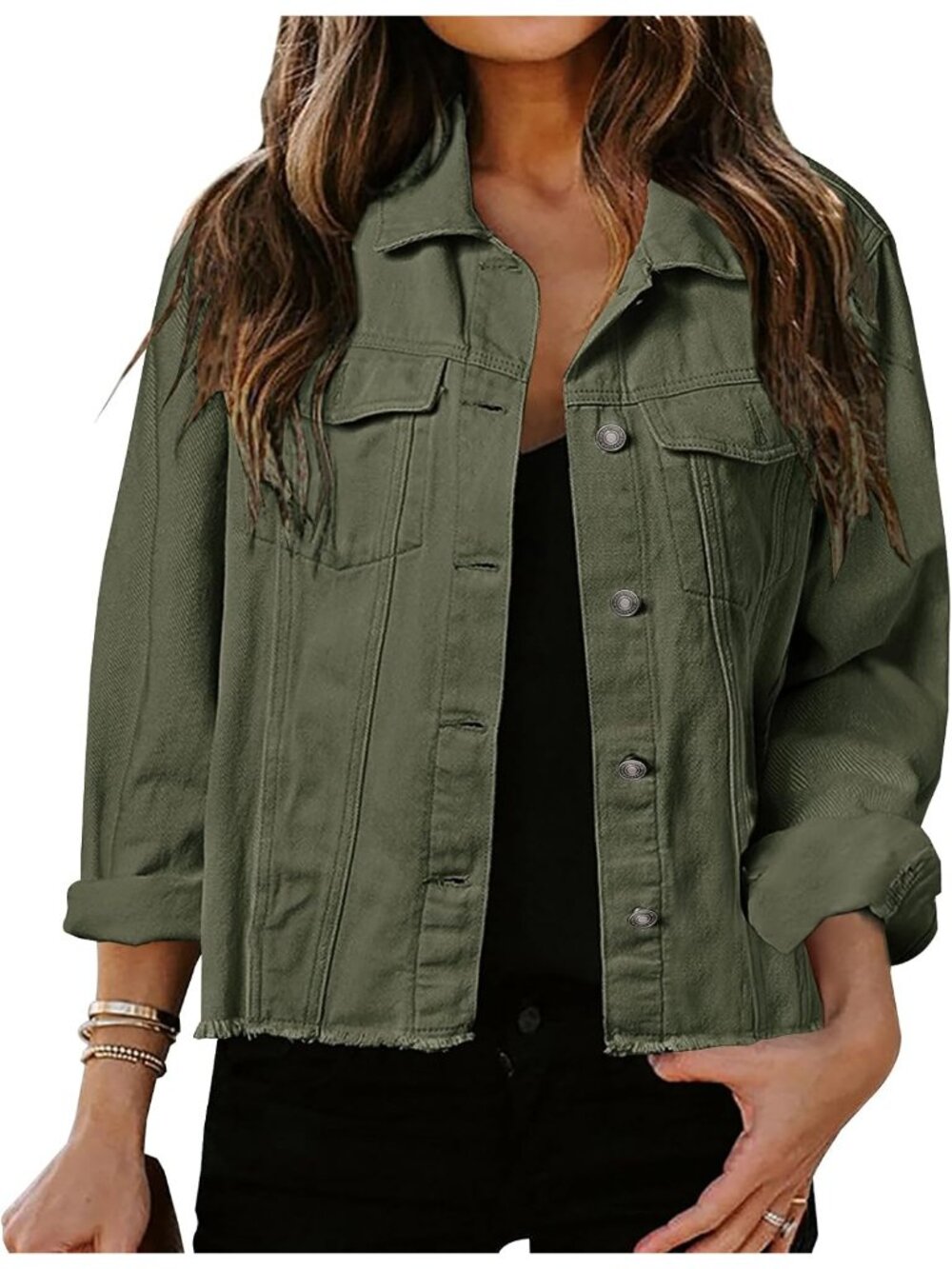 Women’s Green Washed Button Down Cropped Frayed Stretch Shacket Jean Jacket